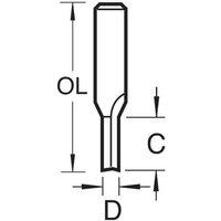 Trend two flute cutter, 4mm diameter, silver, cylindrical shank, sharp cutting edge, technical drawing style.