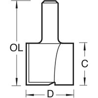 Black and white diagram of Trend two flute cutter, 50mm diameter, with cylindrical shank and cutting edge details.