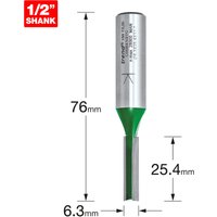 Trend two flute cutter, 6.3mm diameter, silver body with green tip, 1/2 inch shank, labeled dimensions.