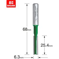 Trend two flute cutter, 6.3mm diameter, silver and green, 8mm shank, 68mm length, 25.4mm cutting depth.