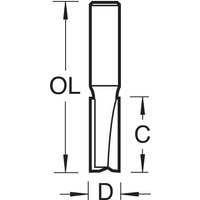 Black and white diagram of Trend two flute cutter, 6.5mm diameter, with labeled dimensions OL, C, and D.