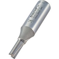 Trend two flute cutter, silver metal, 6mm diameter, cylindrical shank, engraved branding, single piece design.