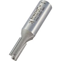 Trend two flute cutter, silver metal, 8mm diameter, engraved branding, cylindrical shank, sharp cutting edges.