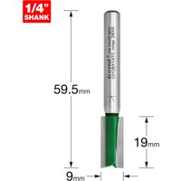 Trend two flute cutter, 9mm diameter, silver with green cutting edge, 1/4 inch shank, 59.5mm length.
