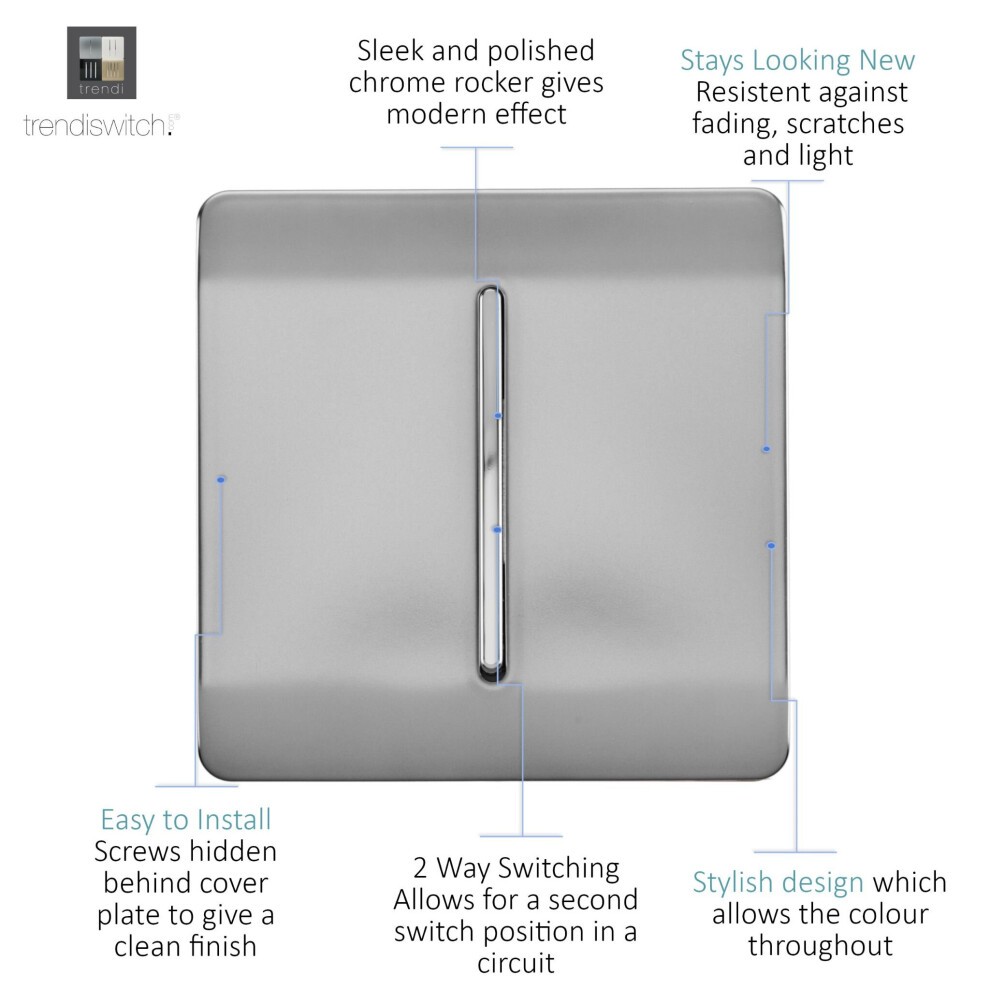 Trendi Switch 1 Gang 1 or 2 Way Brushed Steel Rocker Light Switch 3 Pack - image 2