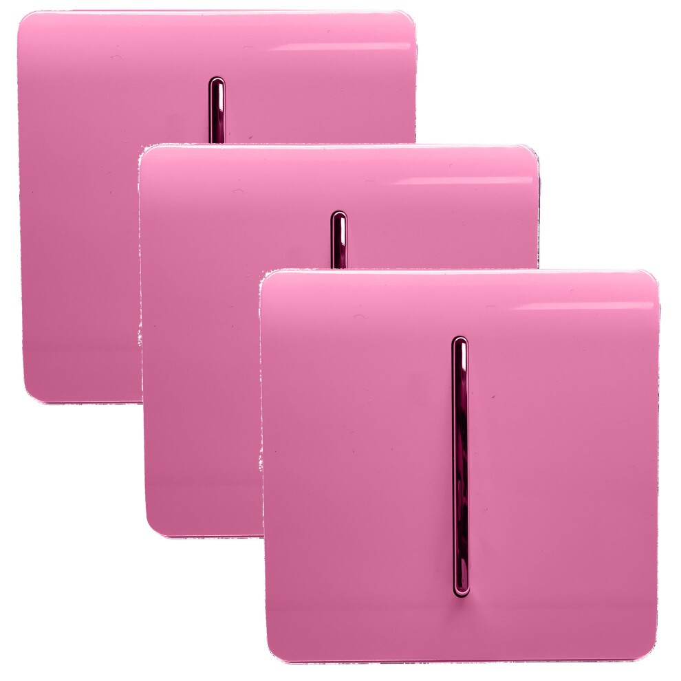 Glossy pink rocker light switches with chrome toggles, sold in a pack of three, featuring a modern design suitable for stylish home decor.