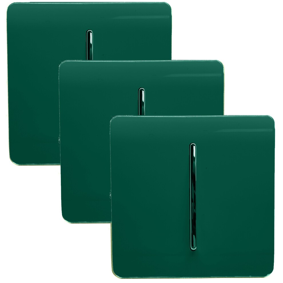 Glossy dark green 1 gang 2 way light switches in a pack of three, featuring a sleek design and a central toggle for easy operation.