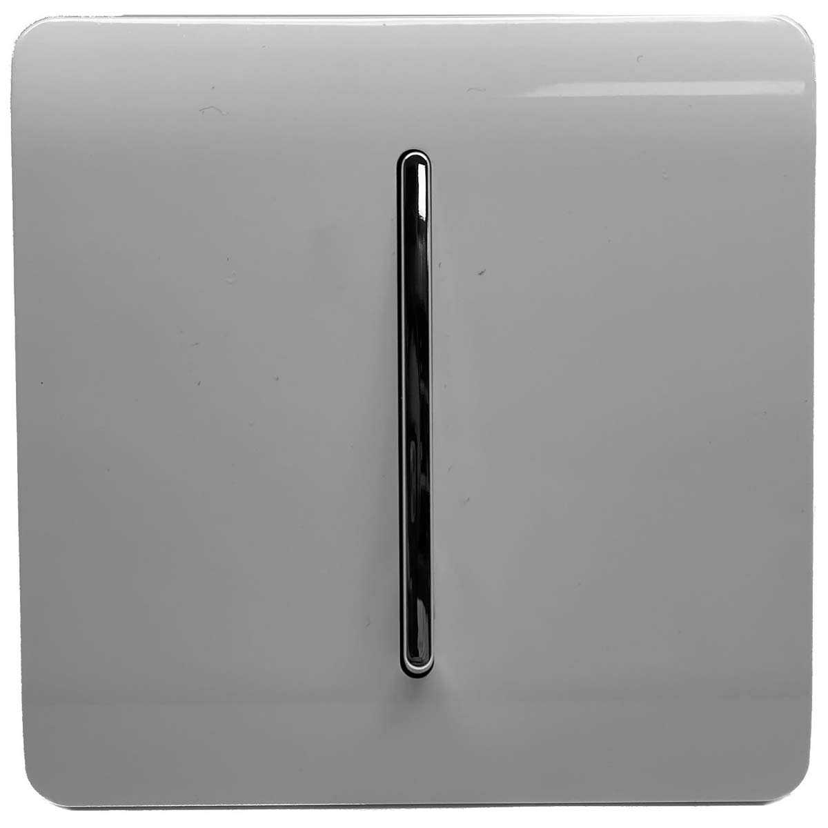 Light grey, glossy plastic light switch with a sleek design, featuring a vertical chrome toggle, sold in a pack of three, suitable for 10 Amp use.
