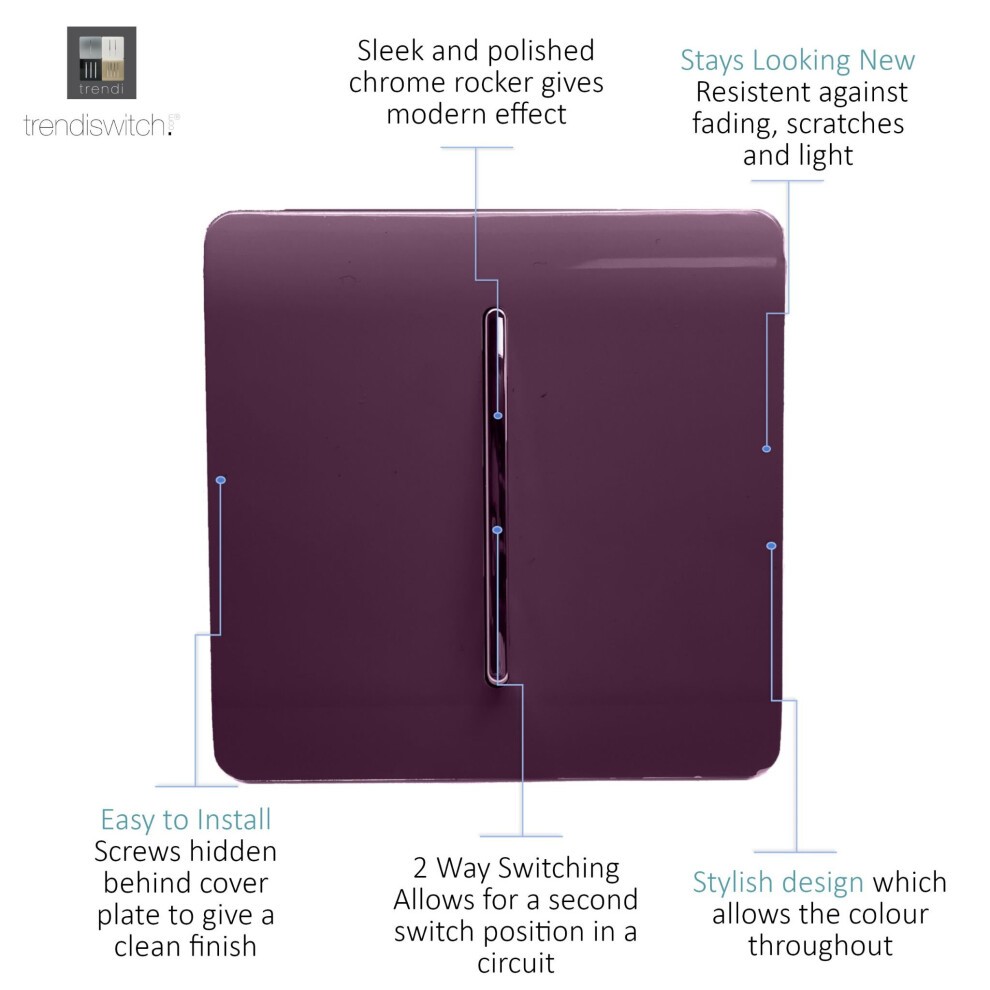Trendi Switch 1 Gang 1 or 2 Way Plum Purple Rocker Light Switch 3 Pack - image 2