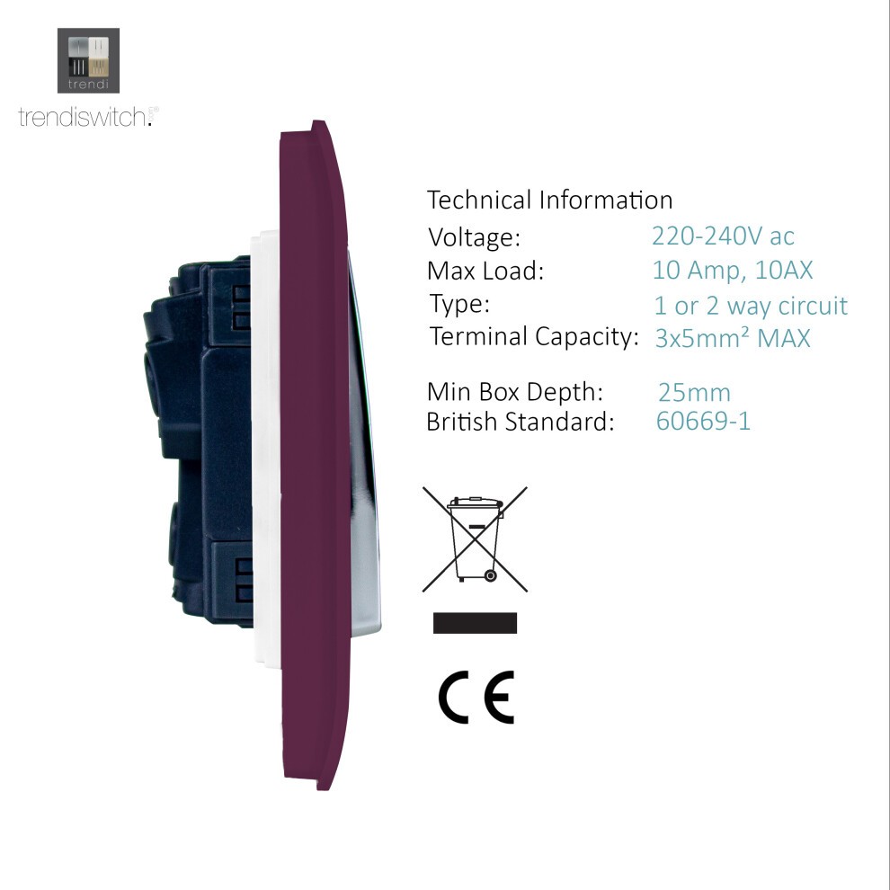 Trendi Switch 1 Gang 1 or 2 Way Plum Purple Rocker Light Switch 3 Pack - image 3
