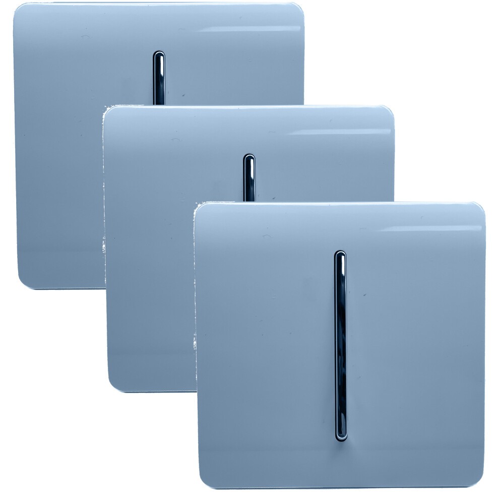Glossy sky blue rocker light switches with chrome levers, sold in a pack of three, featuring a sleek and modern design suitable for two-way operation.