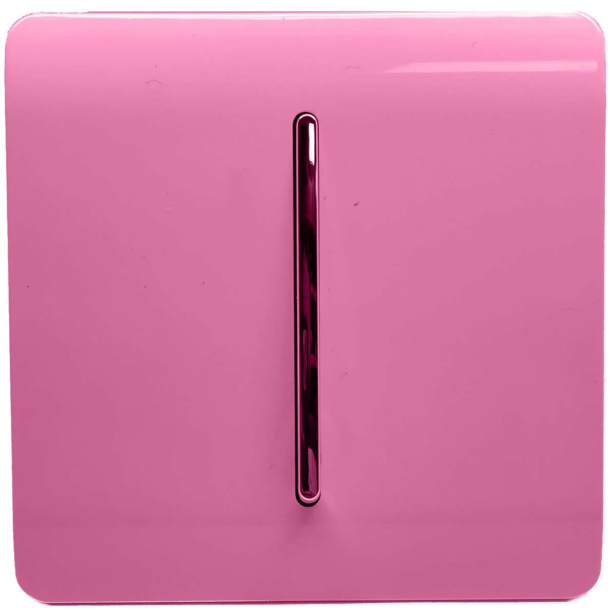 Pink, glossy 1 gang 2 way light switch with a sleek design and a central toggle, made from durable plastic, featuring a modern finish by Trendi Switch.