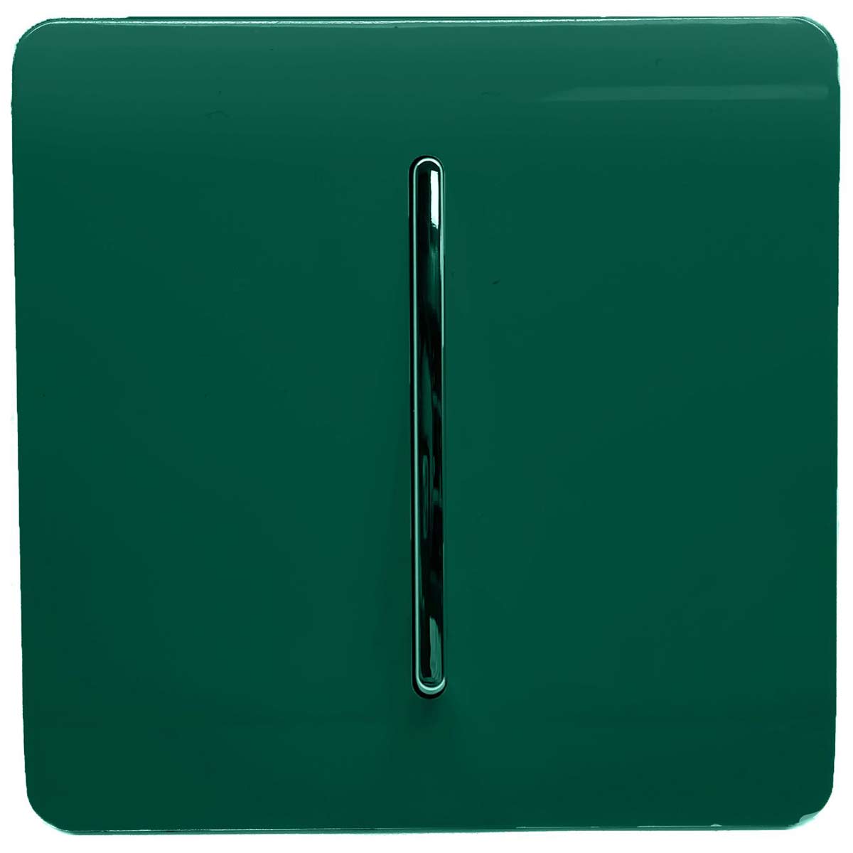 Glossy dark green 1 gang 2 way light switch with a sleek chrome toggle, designed for a modern aesthetic and rated at 10 amps.