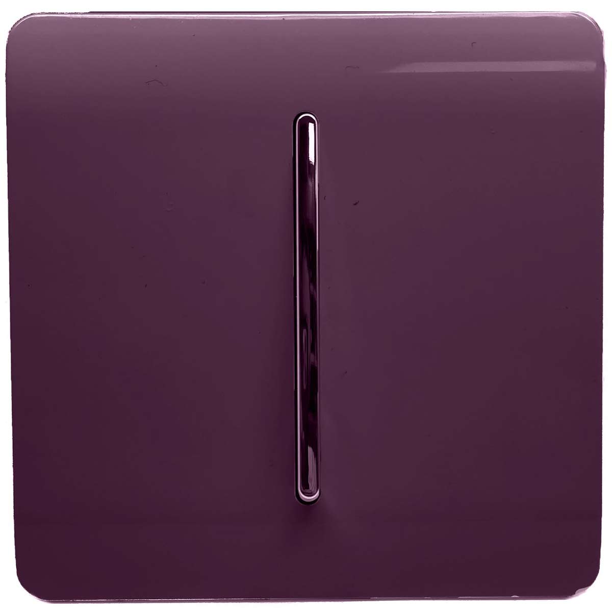 Plum purple 1 gang 2 way light switch with a sleek, glossy finish and a central vertical toggle, designed for 10 amp electrical systems.