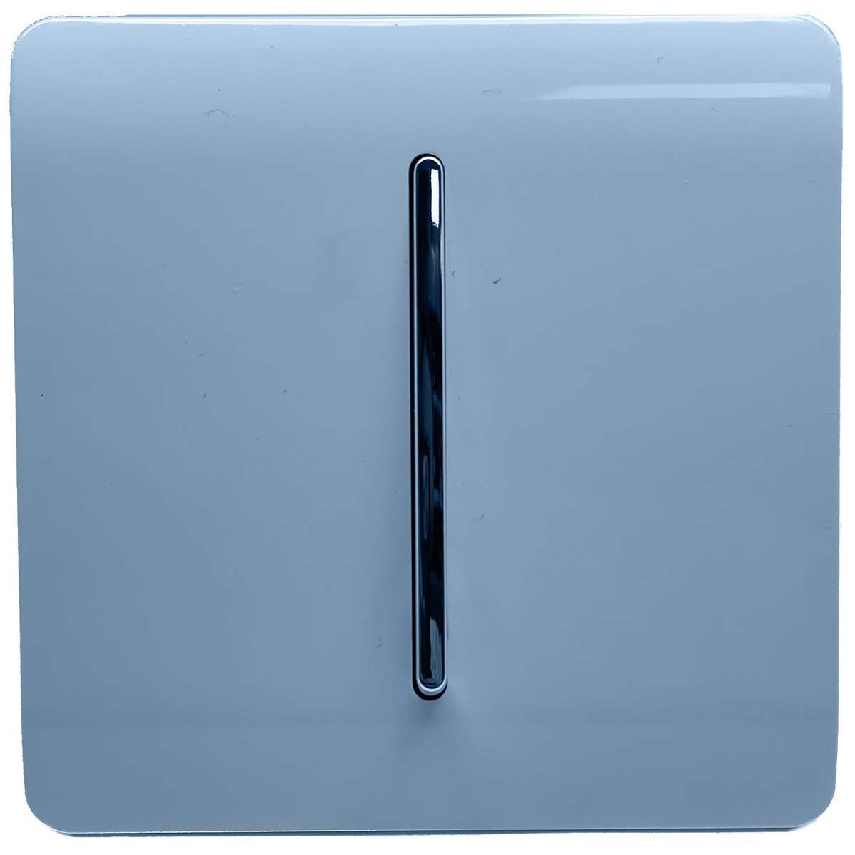 Sky blue, glossy plastic light switch with a sleek design, featuring a vertical toggle in the center, labeled as Trendi 1 Gang 2 Way, 10 Amp.