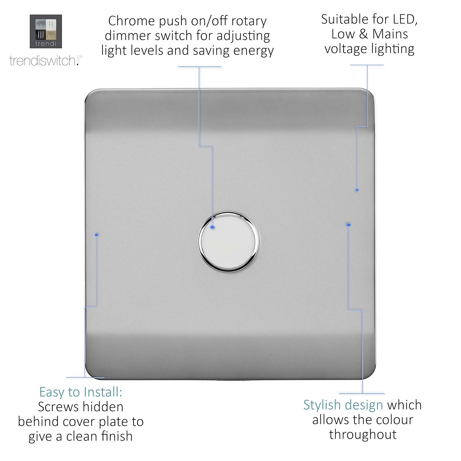 Trendi Switch 1 Gang 10amp Brushed Steel Rotary LED Dimmer Light Switch - image 2
