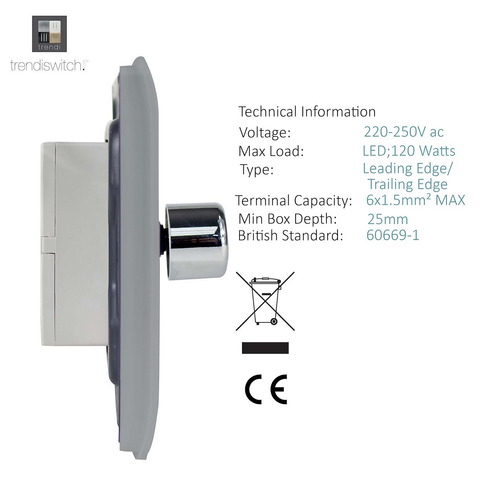 Trendi Switch 1 Gang 10amp Brushed Steel Rotary LED Dimmer Light Switch - image 3
