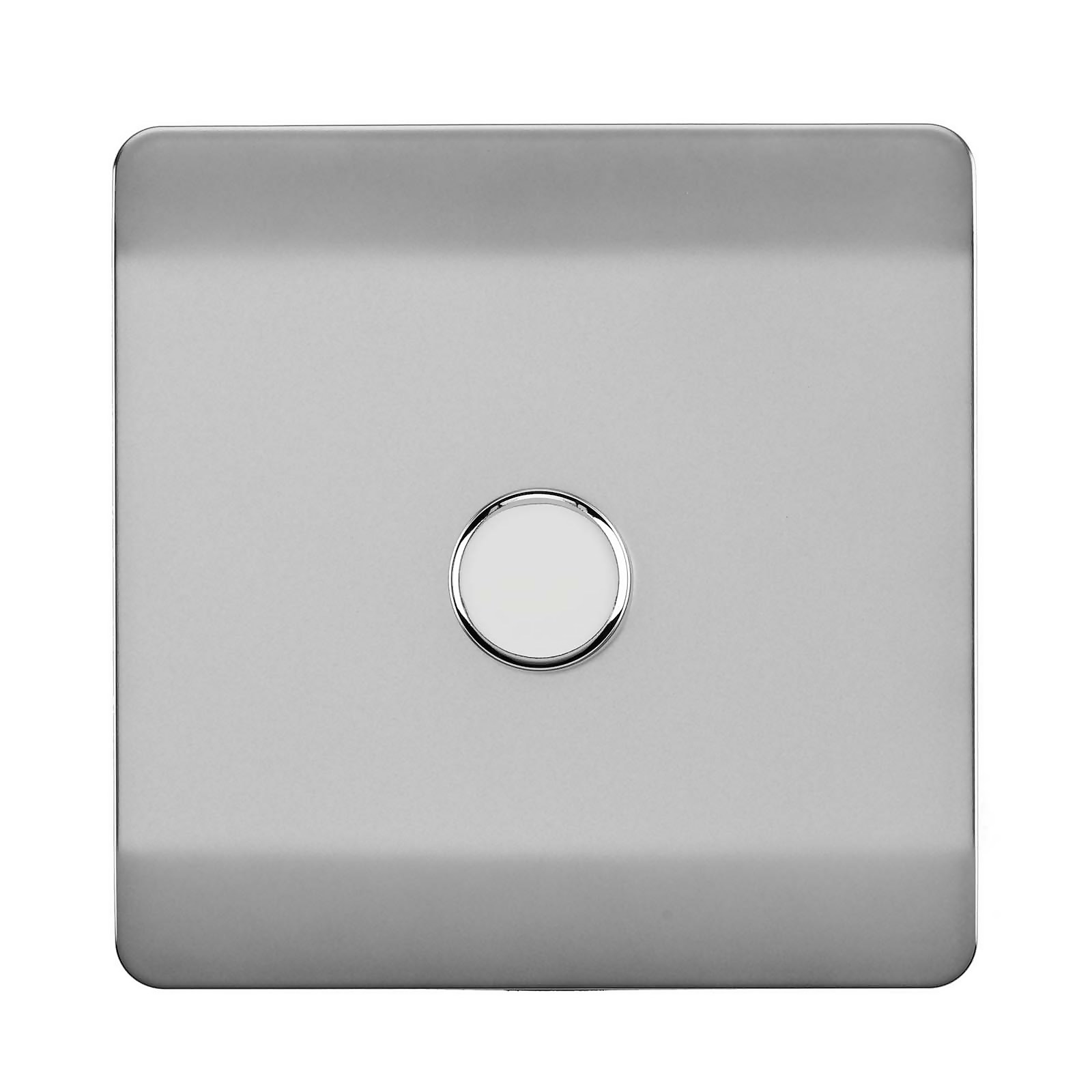 Stainless steel LED dimmer switch with a sleek square design and a central circular control button, featuring a modern, minimalist aesthetic.