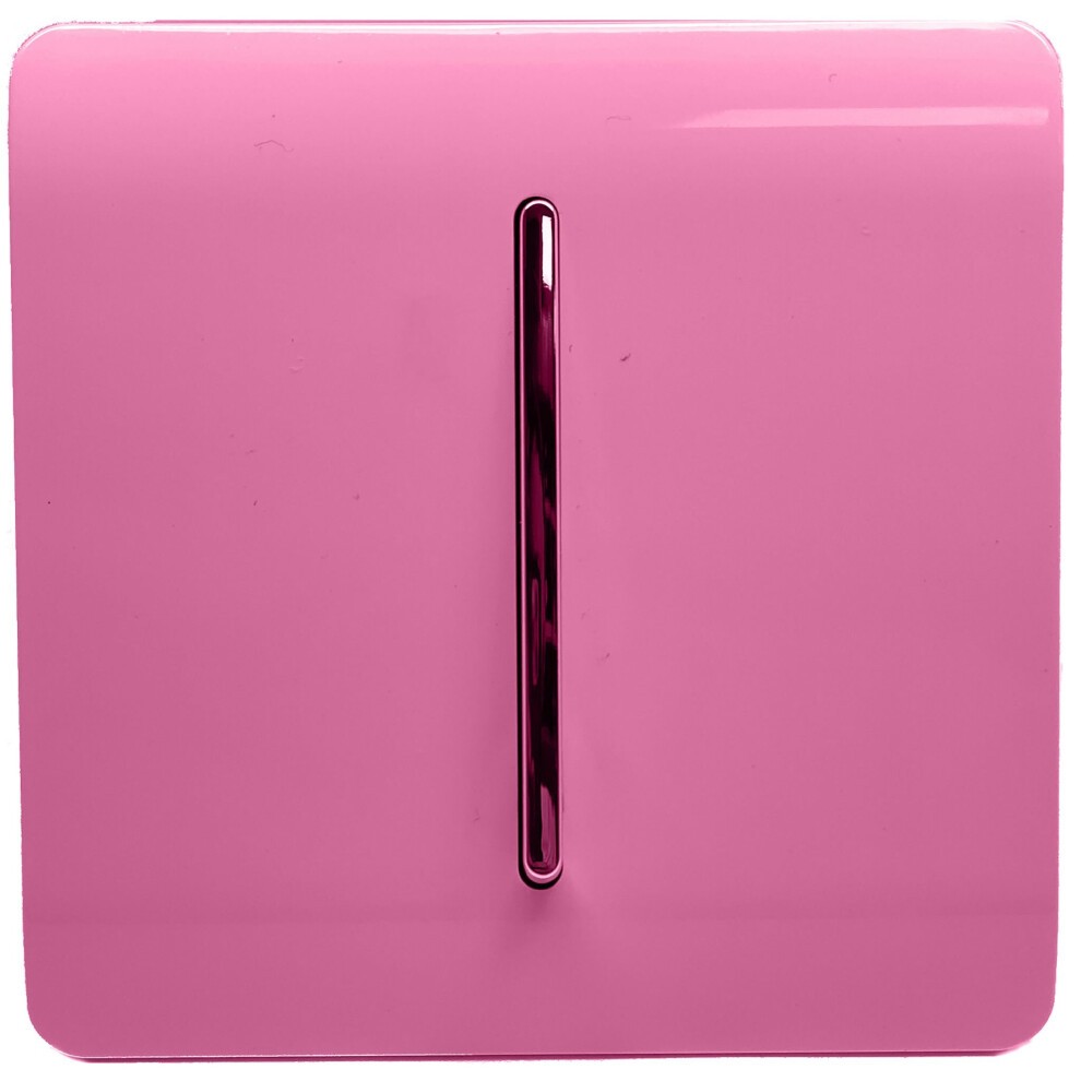Glossy pink rocker switch with a sleek design, featuring a tactile surface and a central vertical slot, designed for 10 Amp use in a modern setting.
