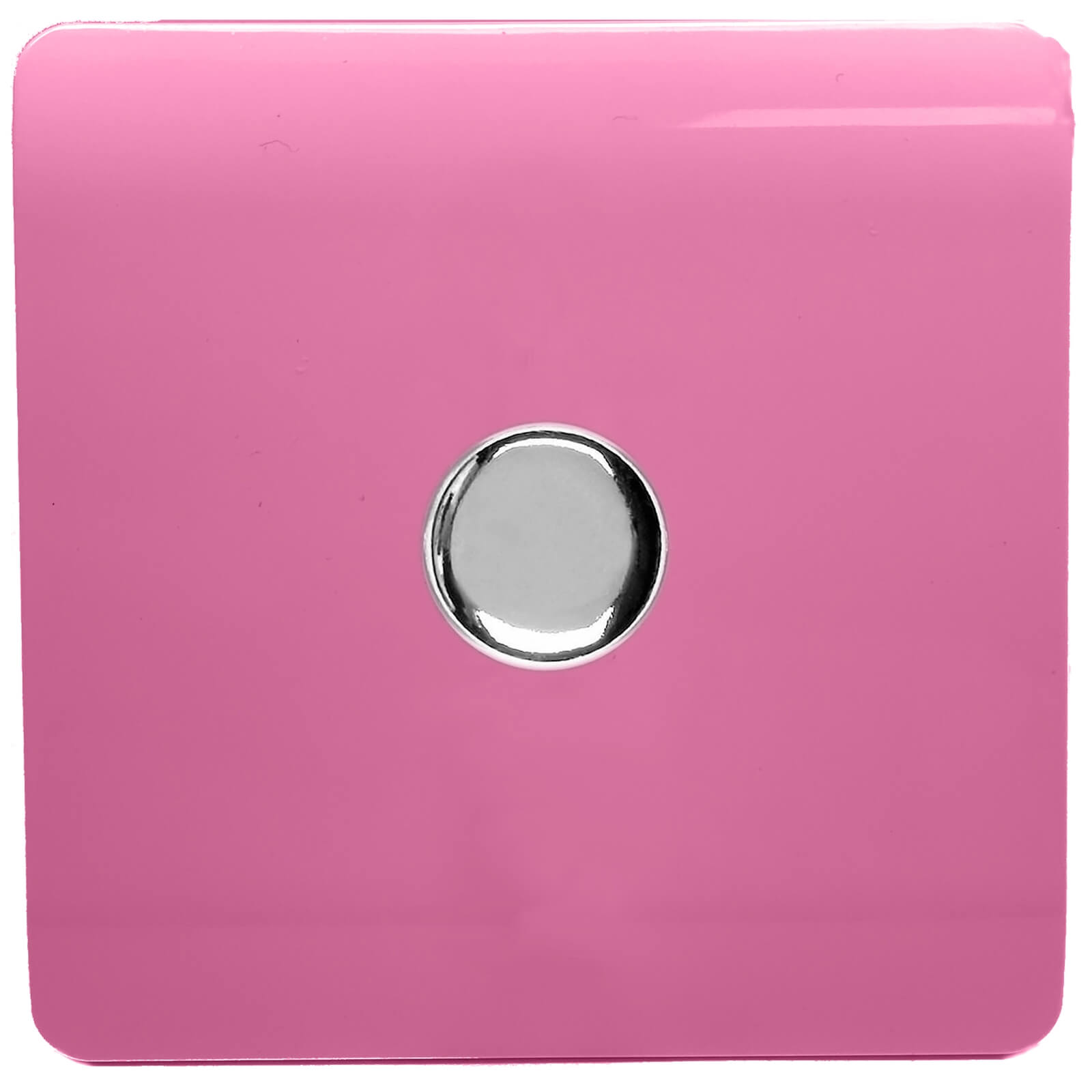Glossy pink tactile dimmer switch featuring a central metallic button, designed for 1 gang 2 way operation, suitable for LED lighting, by Trendi Switch.