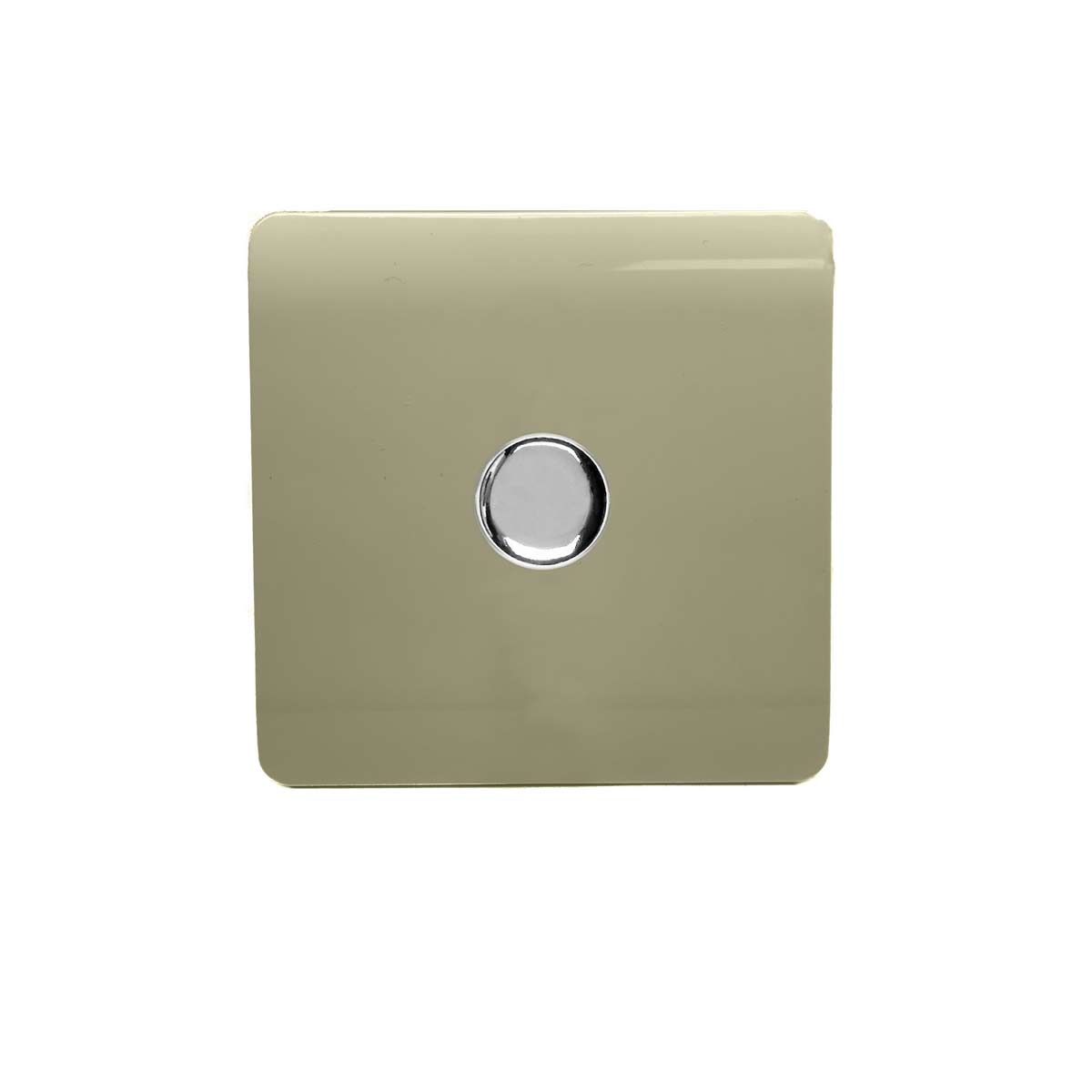 Champagne gold glossy tactile dimmer switch with a sleek square design and a central circular control, suitable for 1 gang 2 way LED lighting, by Trendi Switch.