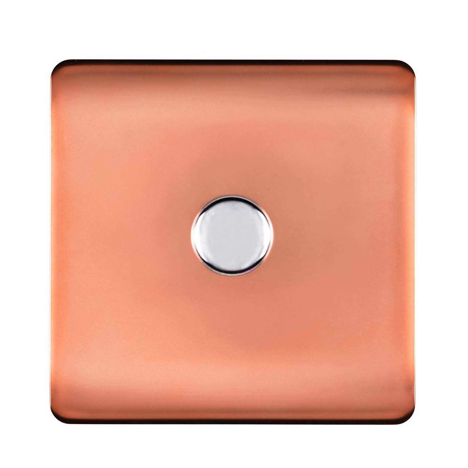 Copper 1 Gang LED dimmer switch with a sleek, glossy finish and a central chrome knob for easy adjustment.
