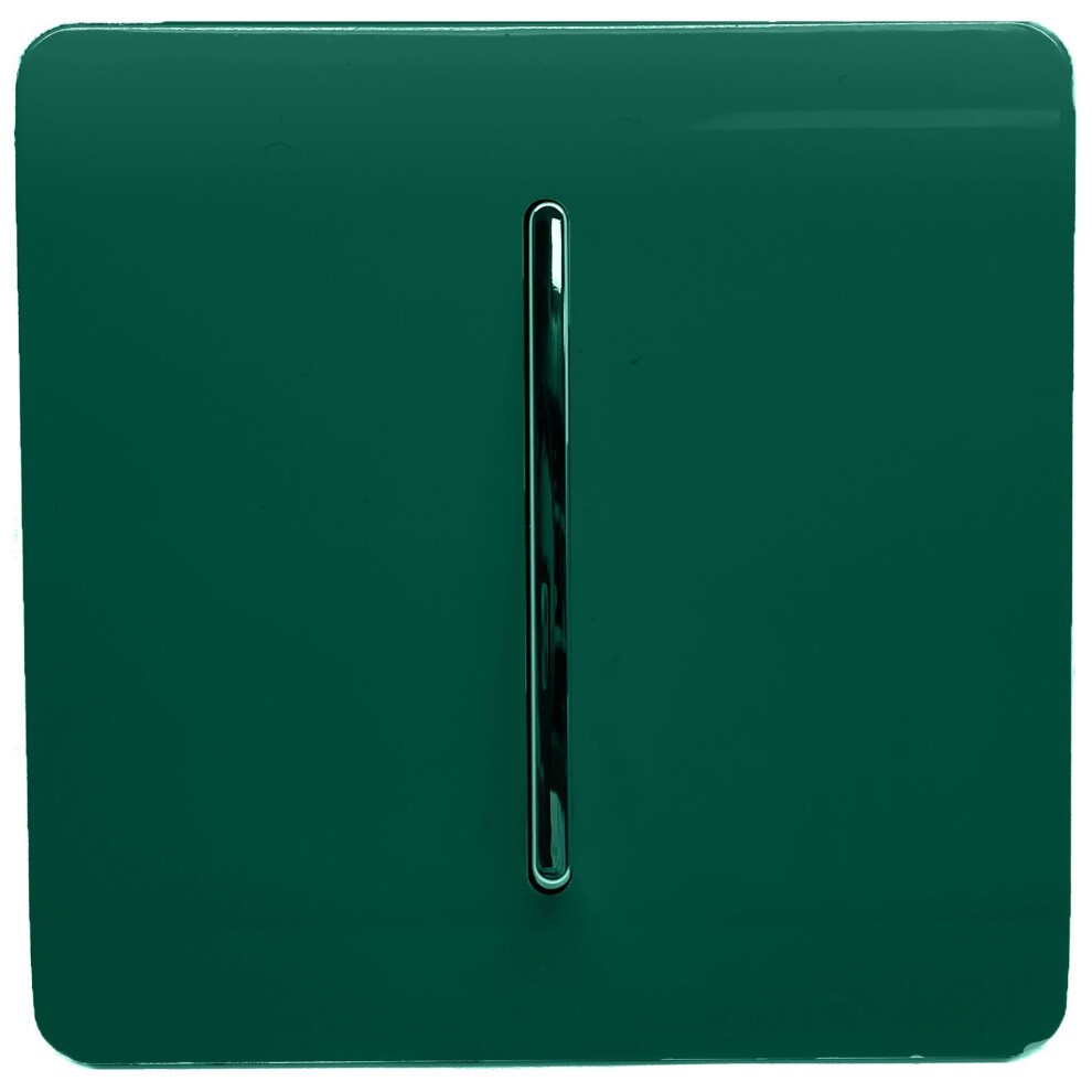 Glossy dark green rocker switch with a sleek, modern design, featuring a tactile lever and a minimalist aesthetic, suitable for 10 Amp applications.