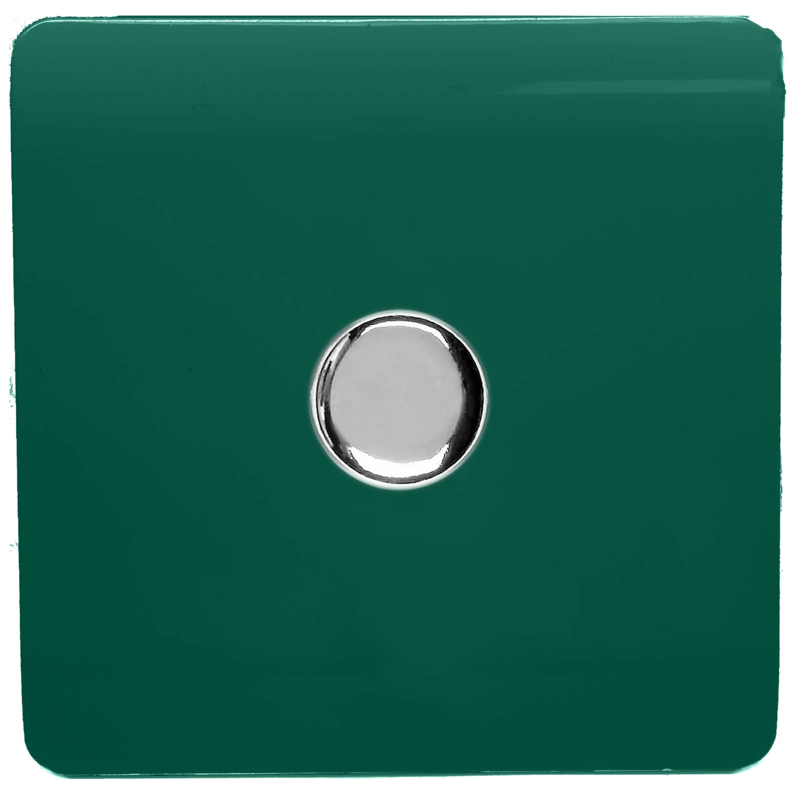 Glossy dark green tactile LED dimmer switch with a central silver circular knob, designed for modern interiors, featuring a sleek, minimalist aesthetic.