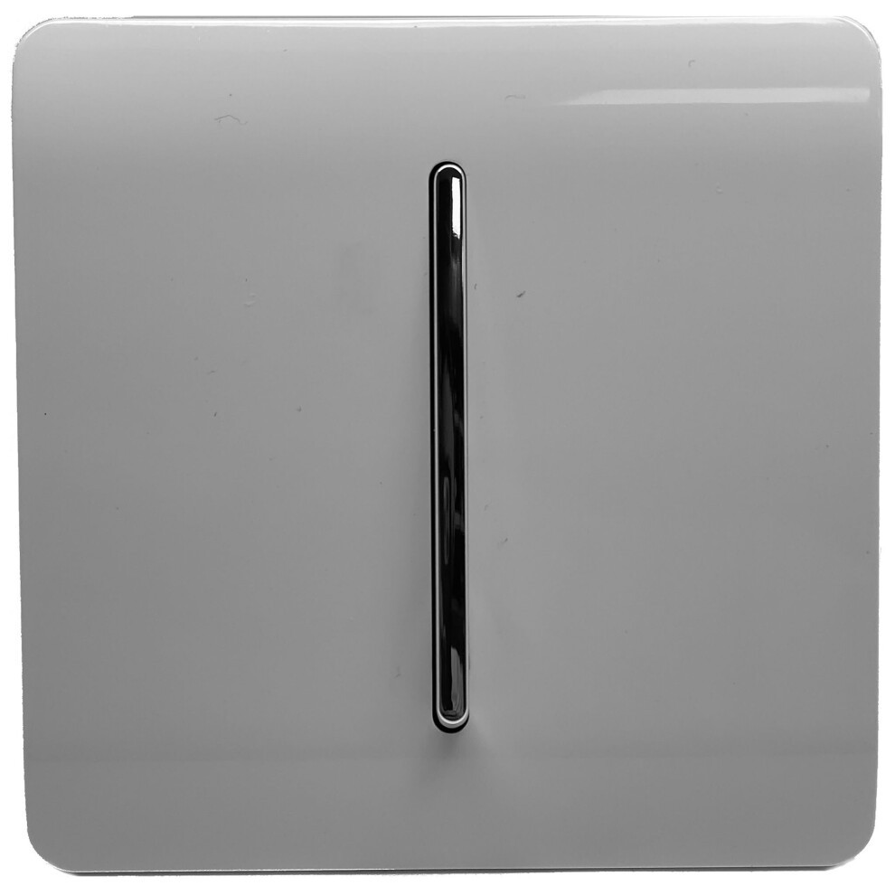 Light grey glossy 1 gang rocker switch with a sleek chrome tactile lever, designed for 3-way intermediate use, featuring a modern artistic style.