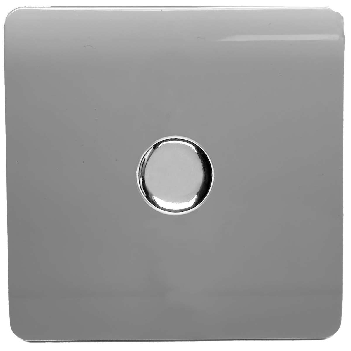Light grey 1G LED dimmer switch with a sleek, glossy finish and a central circular button, designed for modern interiors by Trendi Switch.