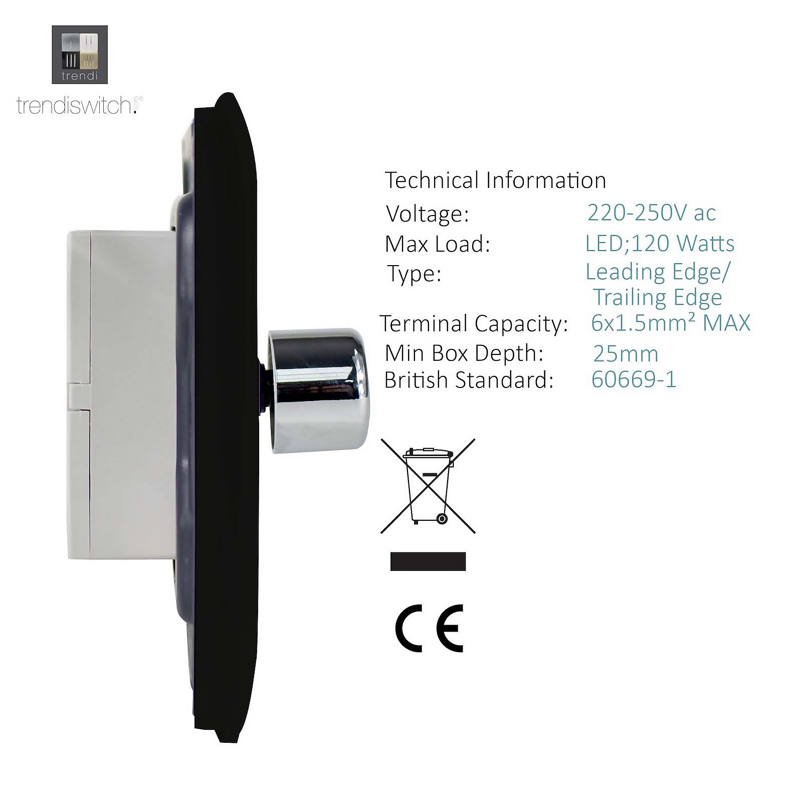 Trendi Switch 1 Gang 10amp Matt Black Rotary LED Dimmer Light Switch - image 3