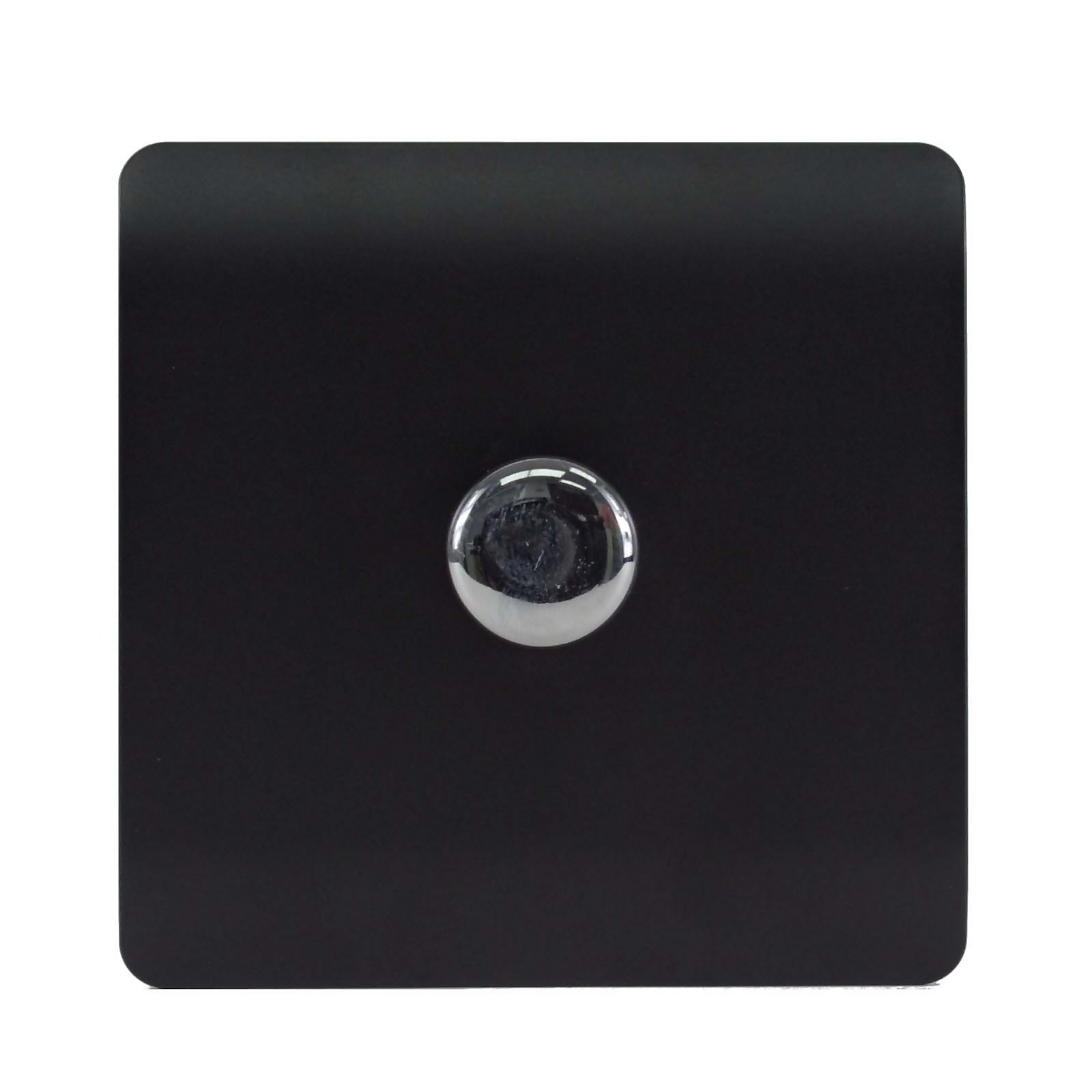 Matt black LED dimmer switch with a sleek, square design and a shiny chrome knob in the center for easy adjustment of light levels.