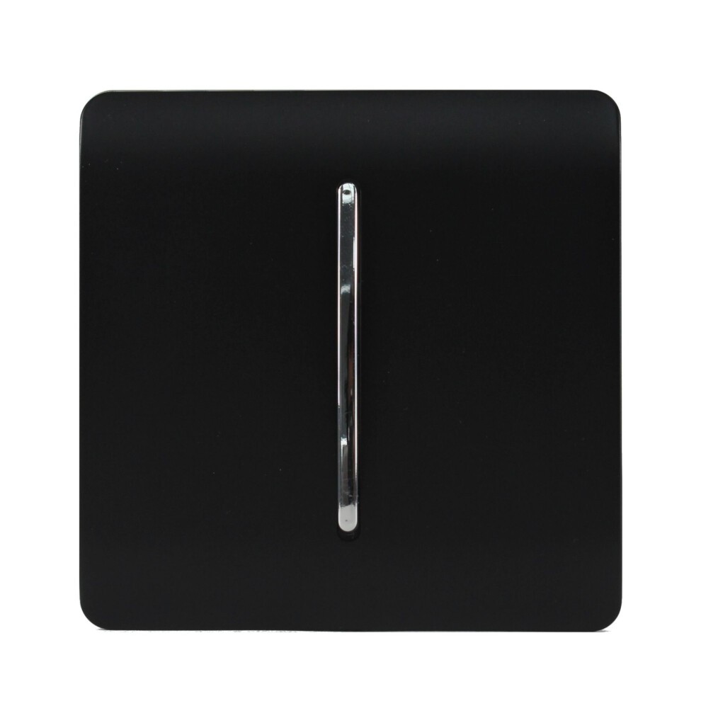 Modern 10 Amp rocker switch in matte black finish, featuring a sleek chrome toggle, designed for 3-way intermediate use, ideal for contemporary interiors.