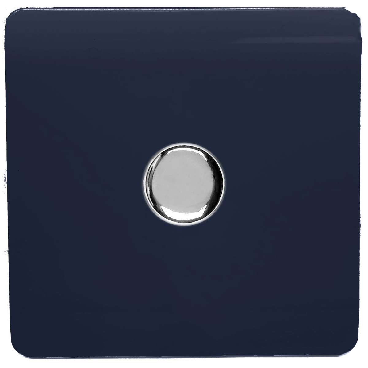 Navy blue 1G LED dimmer switch with a sleek square design and a shiny chrome circular knob at the center, made from durable materials for modern interiors.