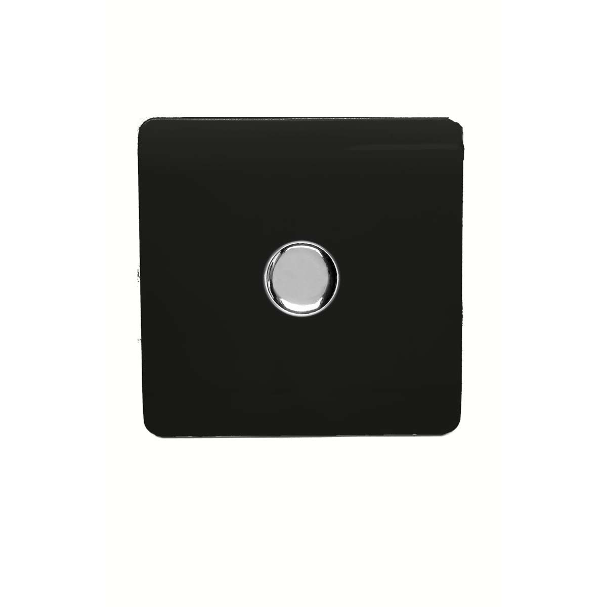 Black square LED dimmer switch with a circular silver knob in the center, featuring a sleek, modern design suitable for home lighting control.