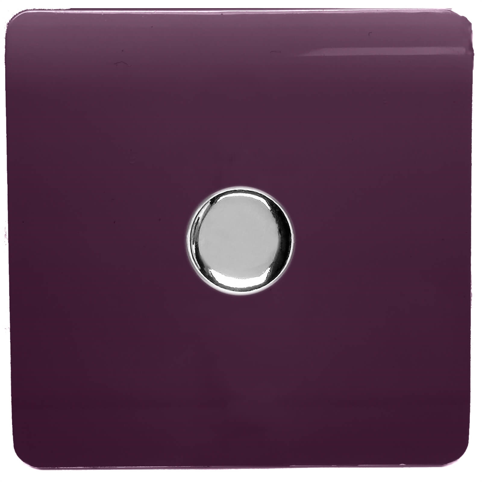 Glossy plum-colored tactile dimmer switch with a sleek square design and a central chrome button, suitable for 1 gang 2 way LED lighting, rated at 120w.