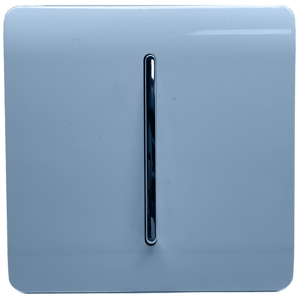 Glossy sky blue 1 gang rocker switch with a sleek, modern design and a tactile chrome lever, suitable for 10 Amp applications.