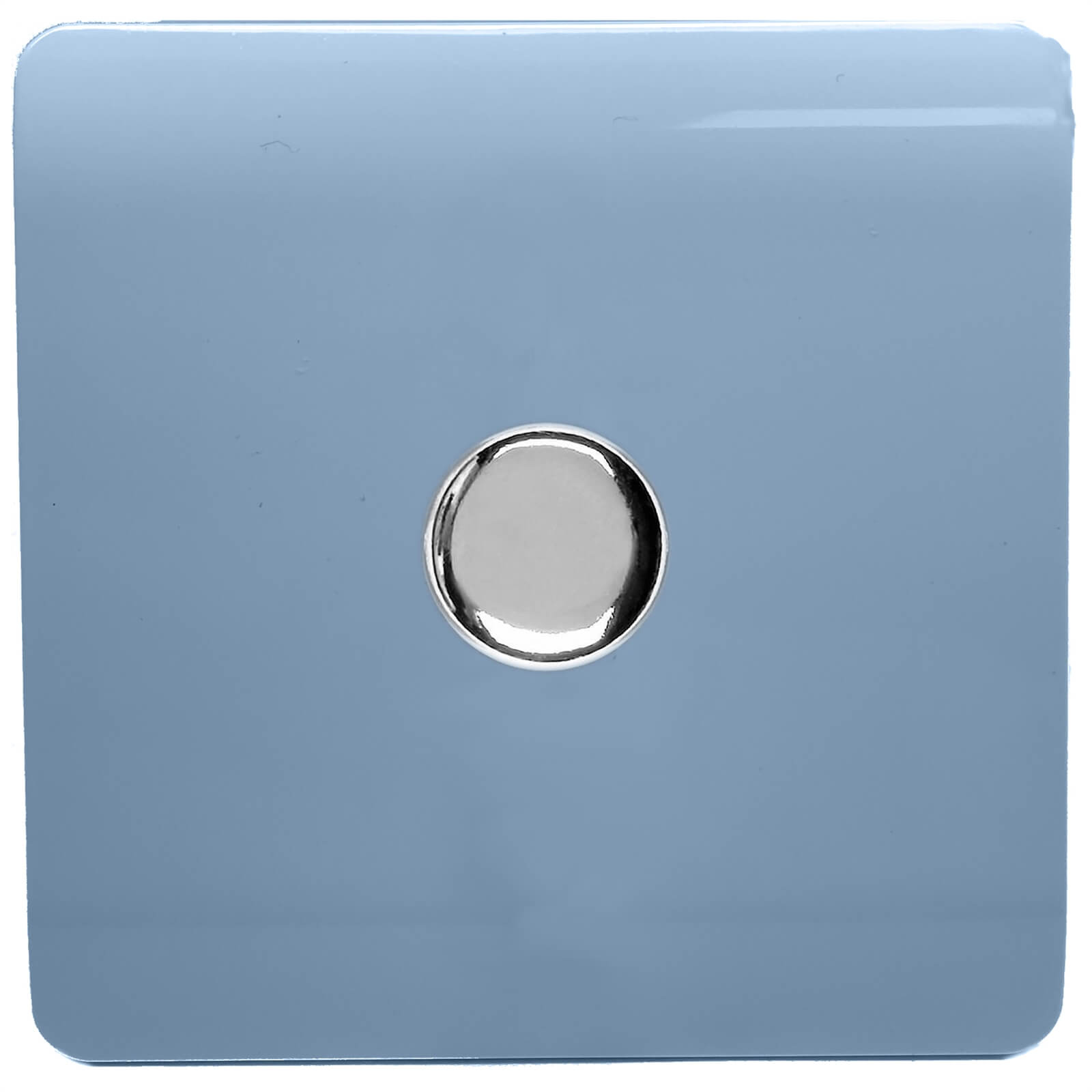 Glossy light blue tactile dimmer switch with a circular silver knob, designed for modern interiors, featuring a sleek 1 gang 2 way configuration for LED lighting.
