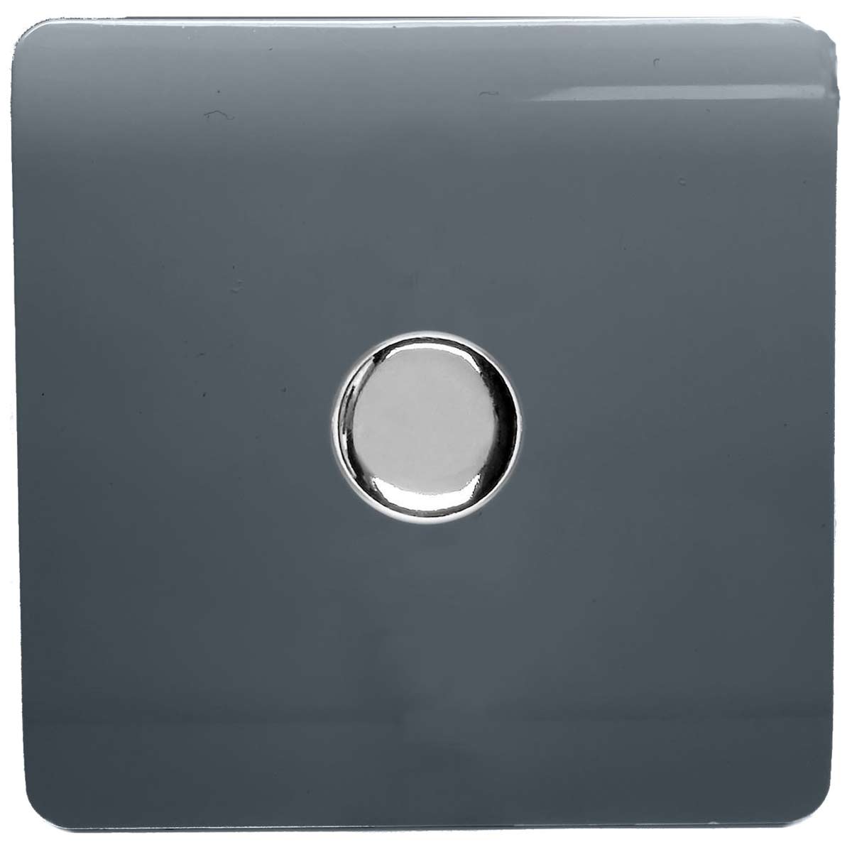 Warm grey LED dimmer switch with a sleek, glossy finish and a circular chrome button in the center, designed for modern interiors.