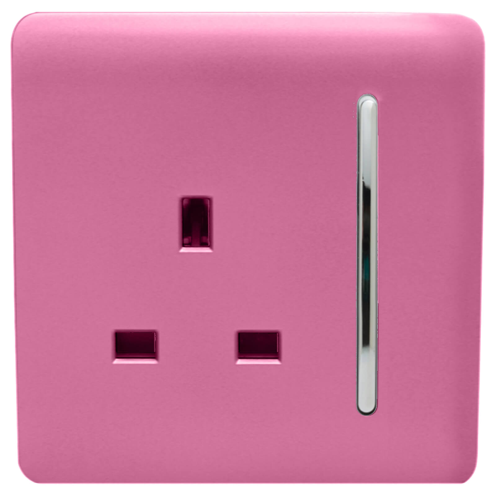 Glossy pink 13 Amp switched tactile plug socket with a sleek design, featuring a silver switch and two rectangular power outlets.