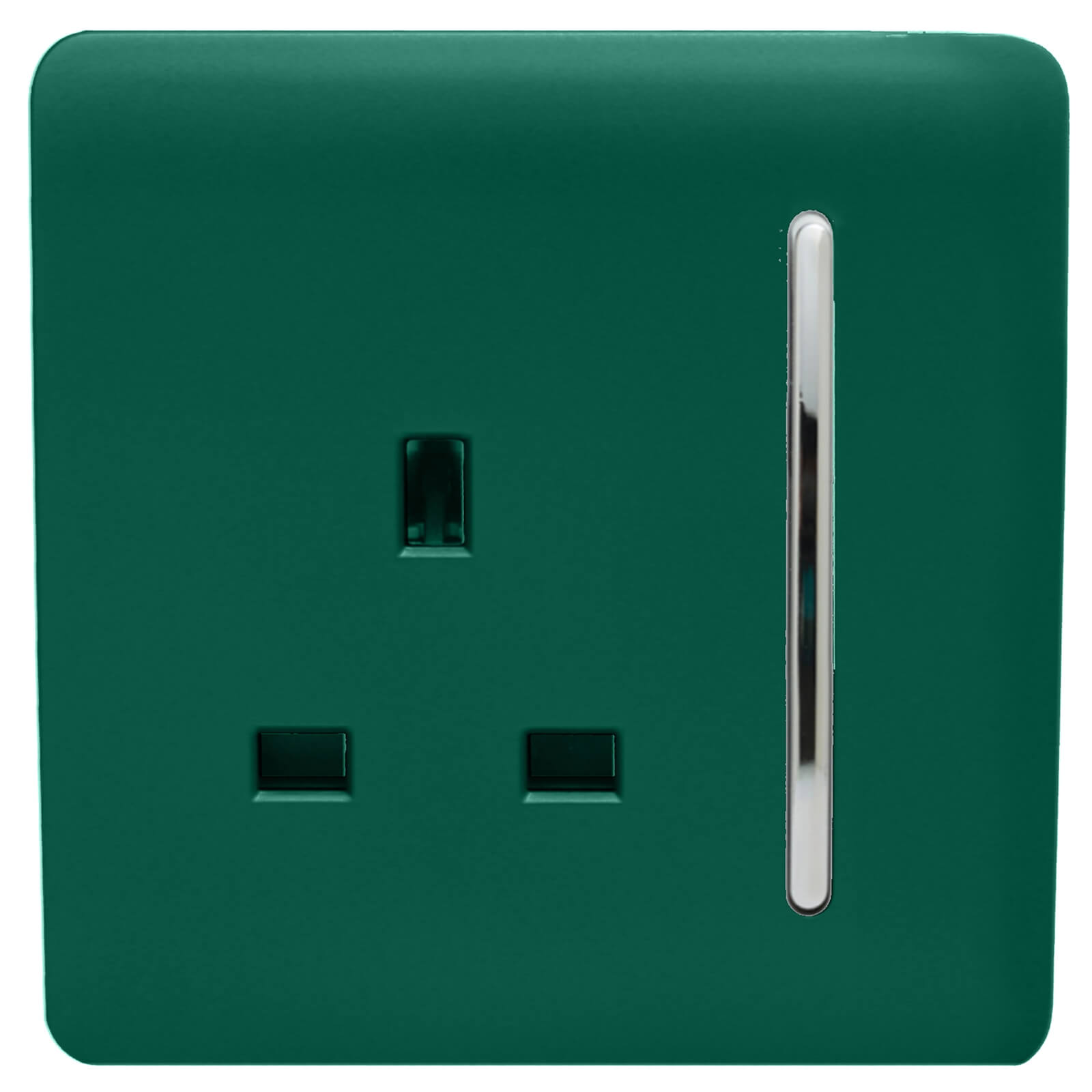 Glossy dark green 13 Amp switched tactile plug socket with a sleek design and a chrome switch, featuring two rectangular outlets.