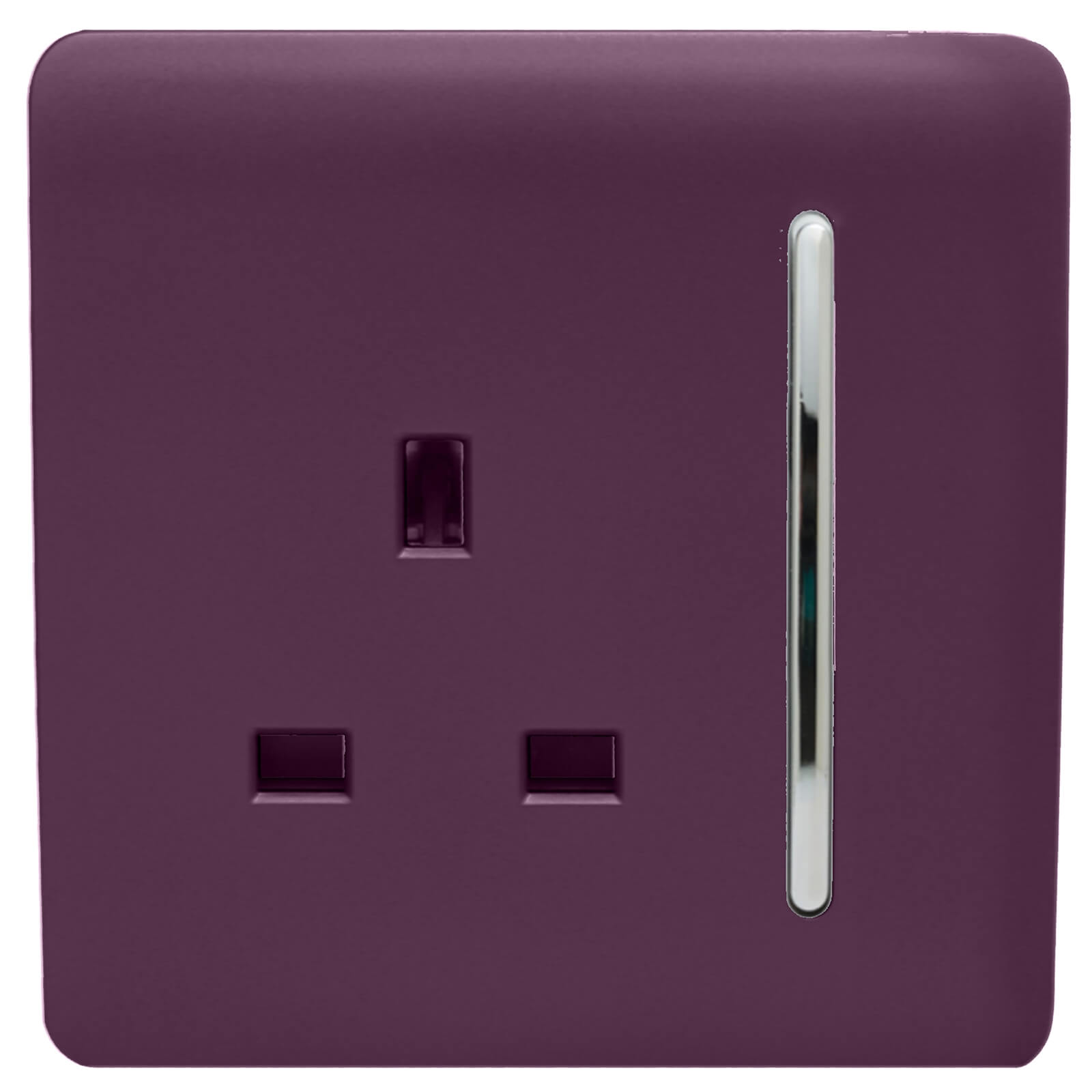 Glossy plum-colored 13 Amp switched tactile plug socket featuring a sleek design and a chrome switch, ideal for modern interiors.