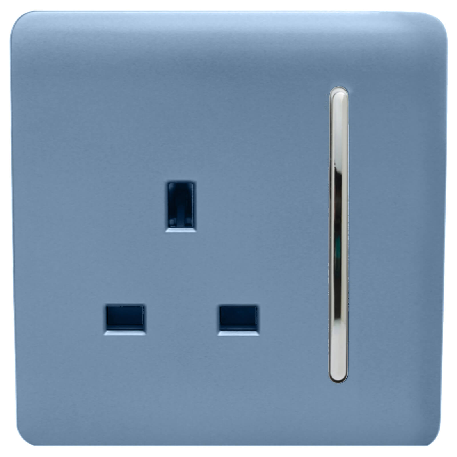Glossy sky-blue 13 Amp switched tactile plug socket with a sleek design and a metallic switch, featuring two rectangular sockets.