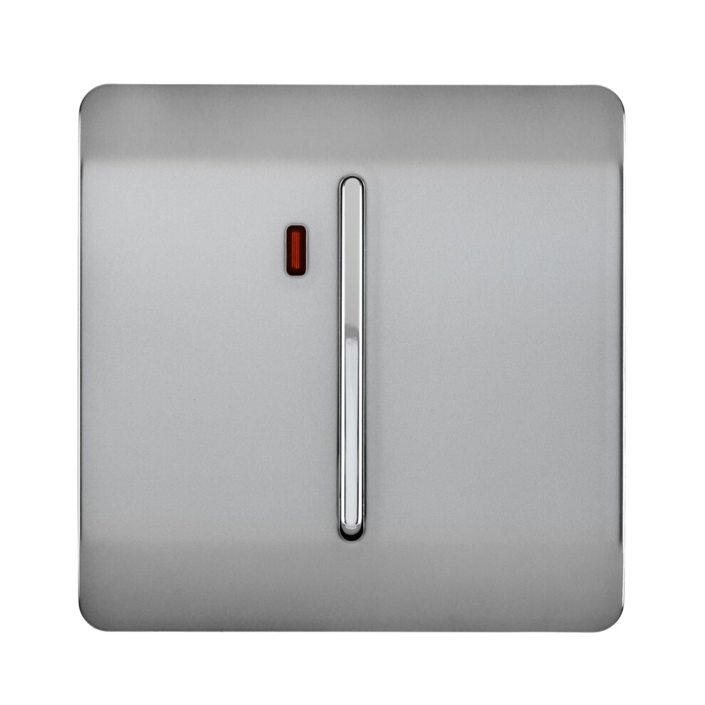 Glossy stainless steel tactile light switch with a sleek design, featuring a vertical slider and a small red neon insert for visibility.