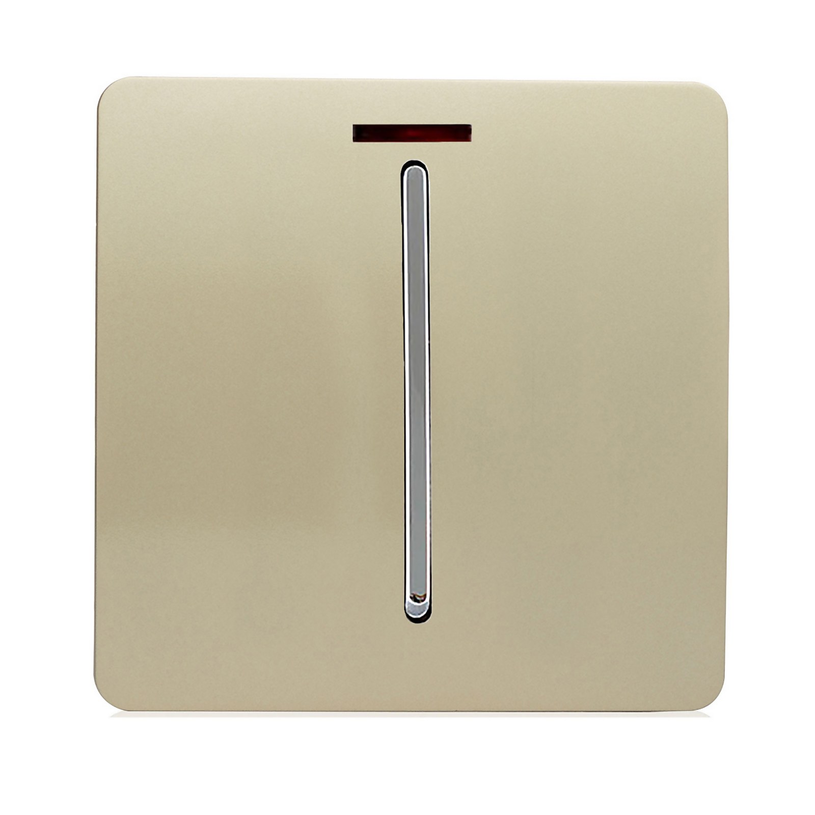 Glossy champagne gold tactile light switch with a sleek design, featuring a vertical silver strip and a neon insert at the top for easy visibility.