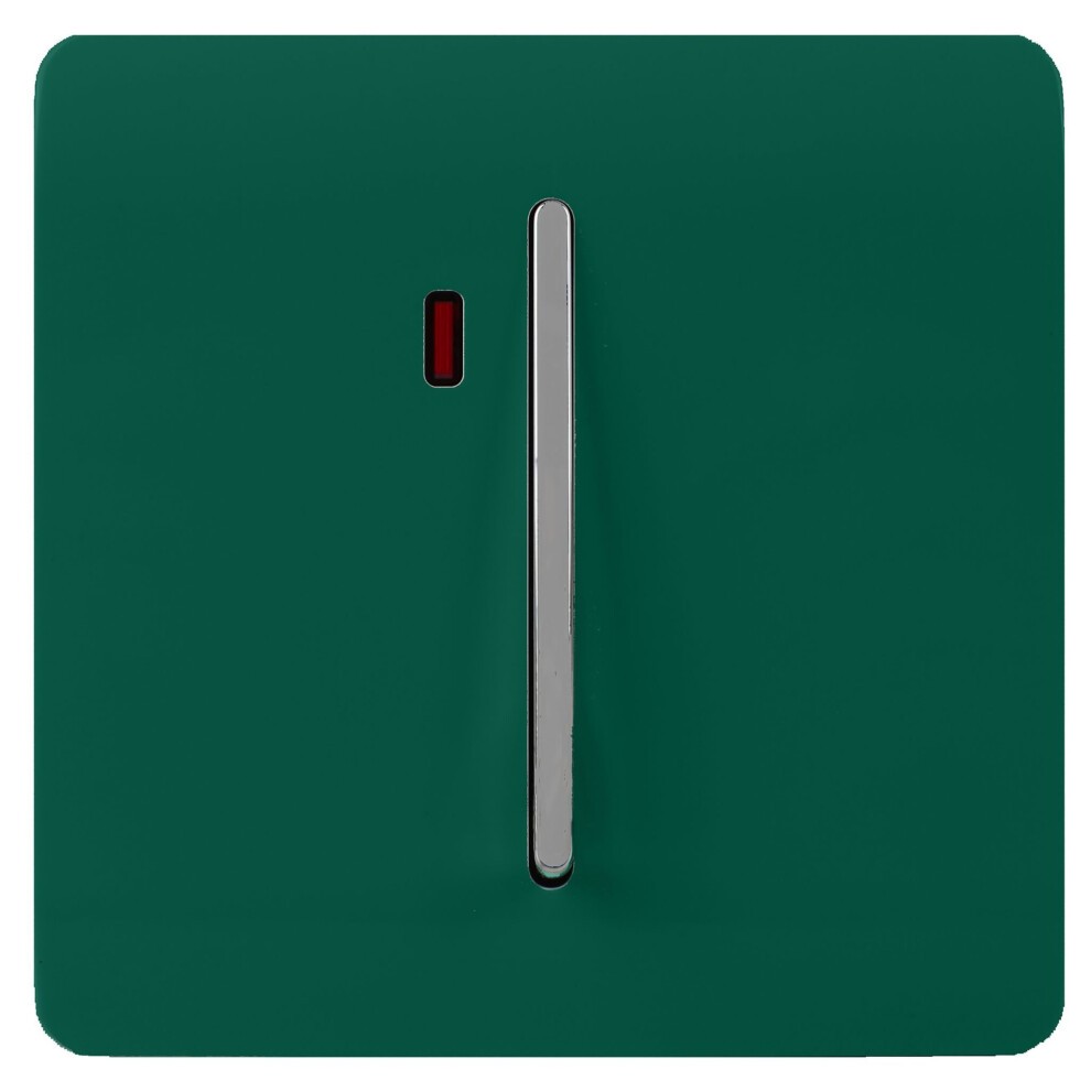 Dark green light switch with a sleek design, featuring a chrome toggle and a small red neon insert for visibility.