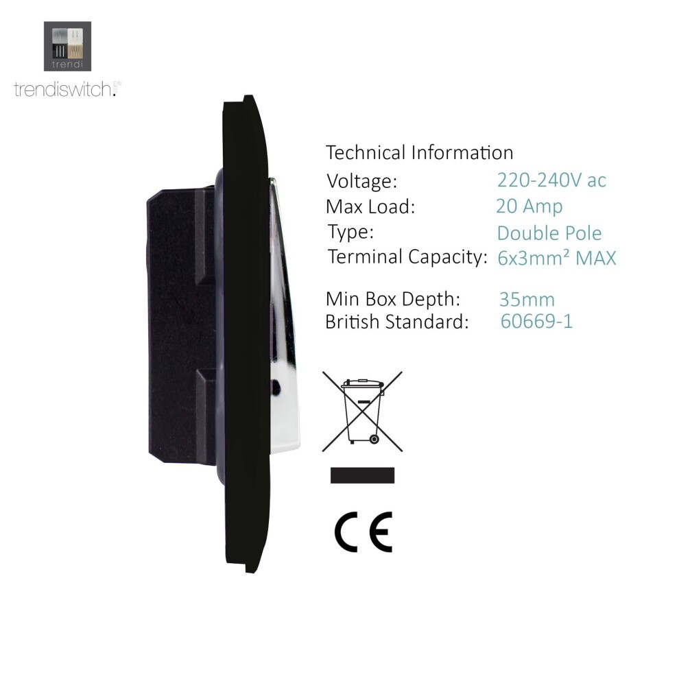 Trendi Switch 1 Gang 20amp Matt Black Rocker Switch - image 2