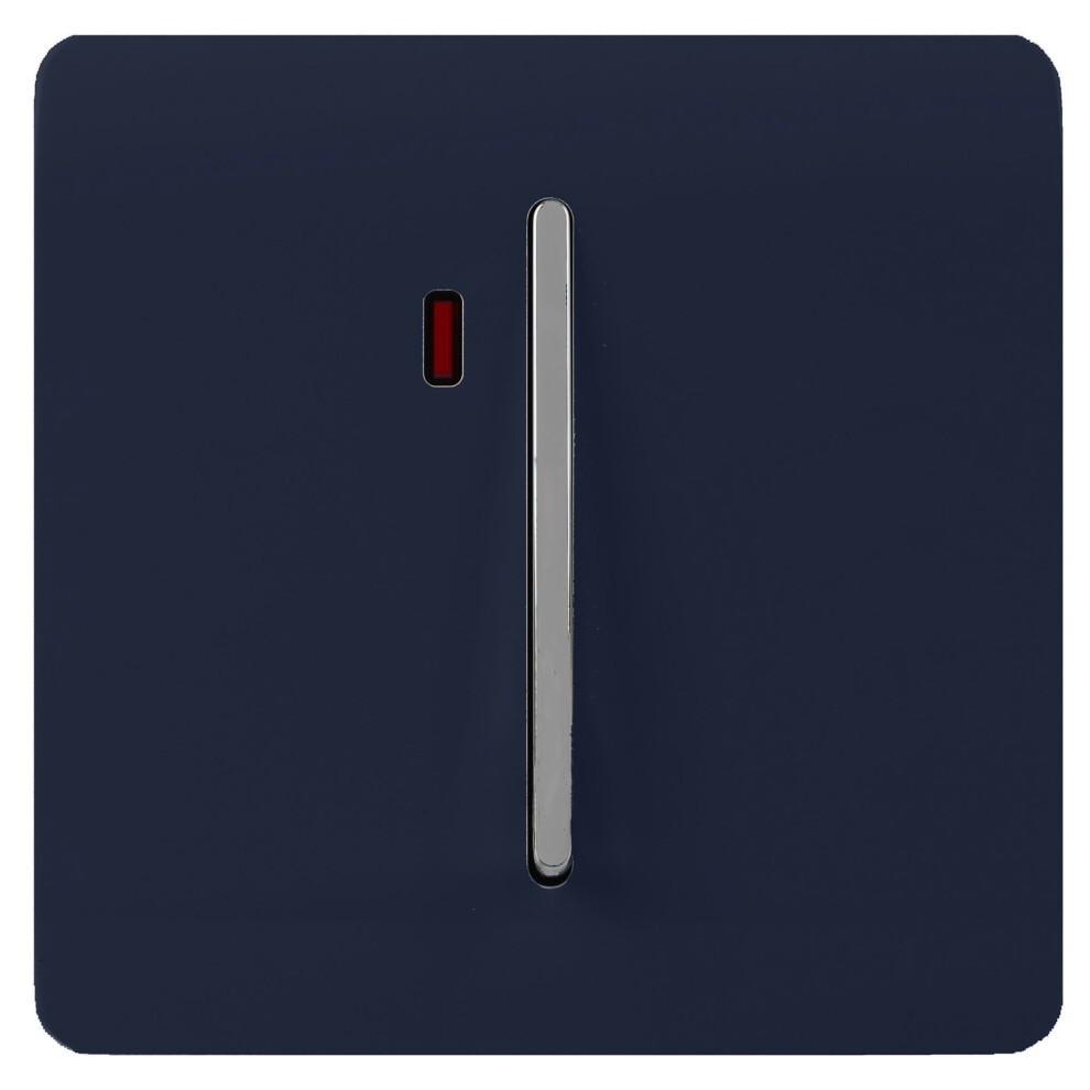 Navy blue light switch with a sleek chrome toggle and a small red neon indicator, featuring a modern, minimalist design suitable for contemporary interiors.