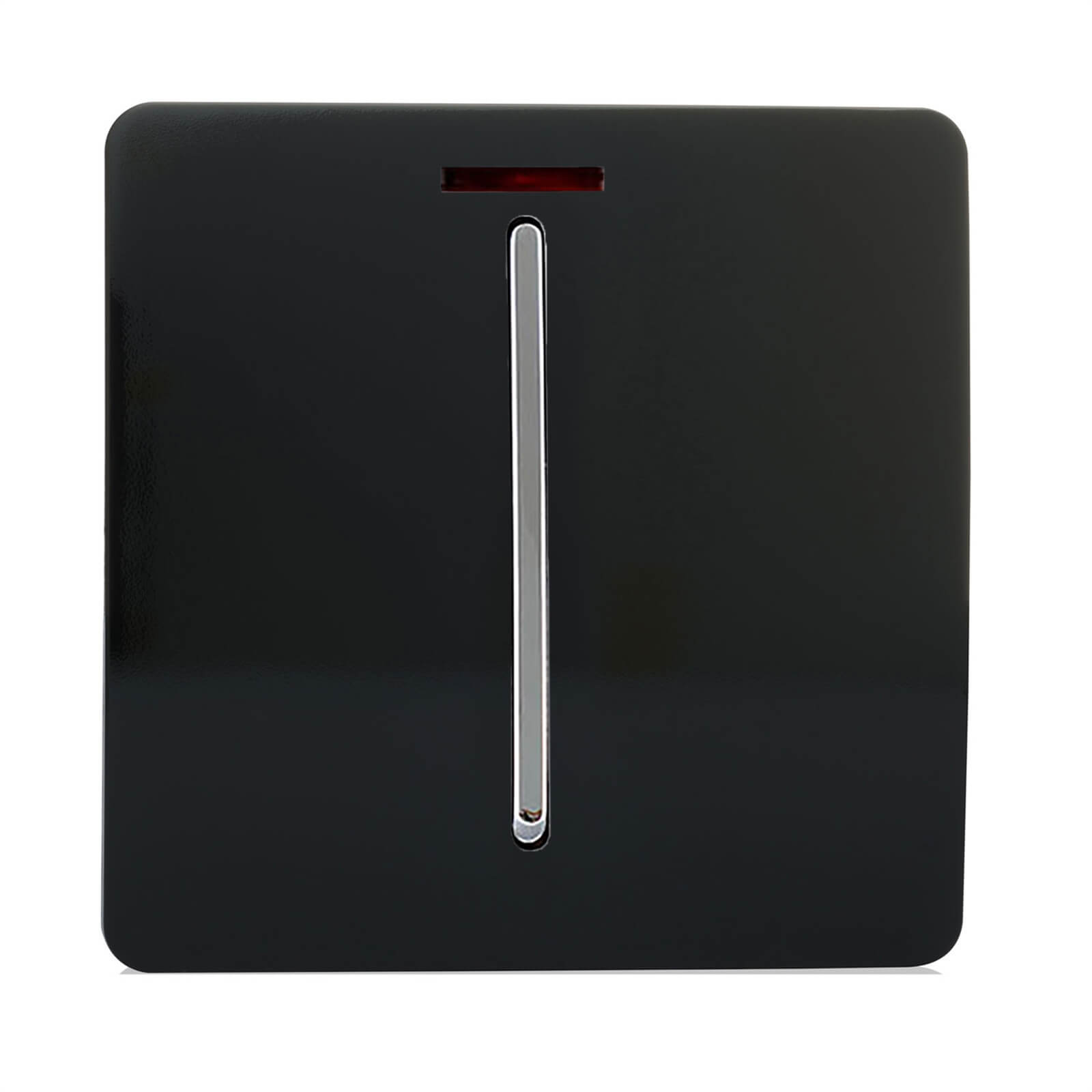 Glossy piano black tactile light switch featuring a sleek chrome insert and a subtle red indicator light, designed for modern artistic interiors.