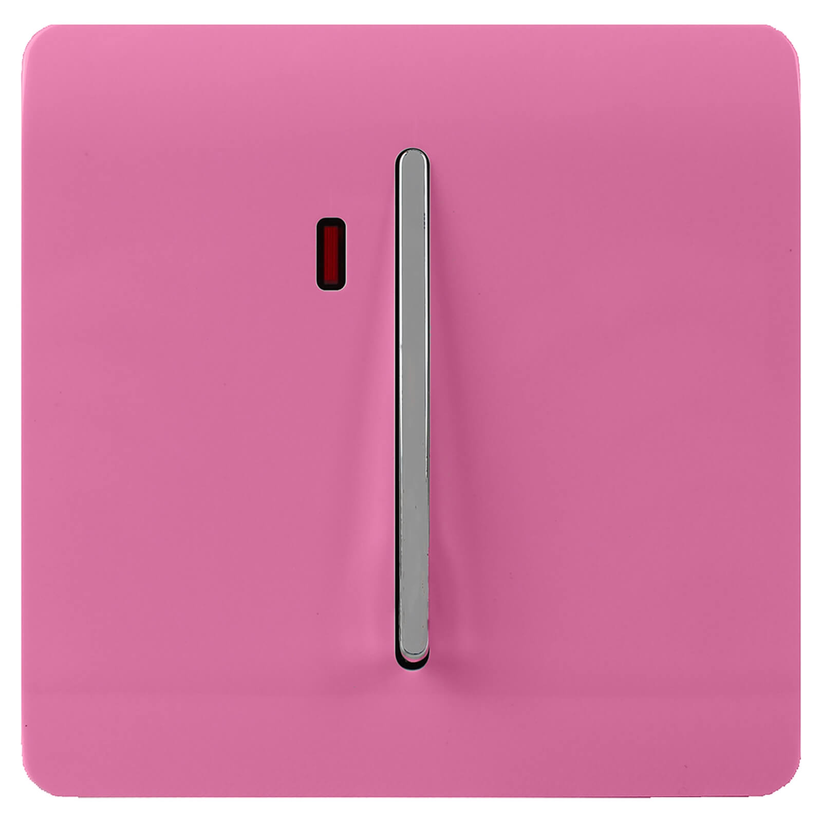 Glossy pink tactile light switch with a sleek chrome lever and a small neon red insert, showcasing a modern artistic design by Trendi Switch.